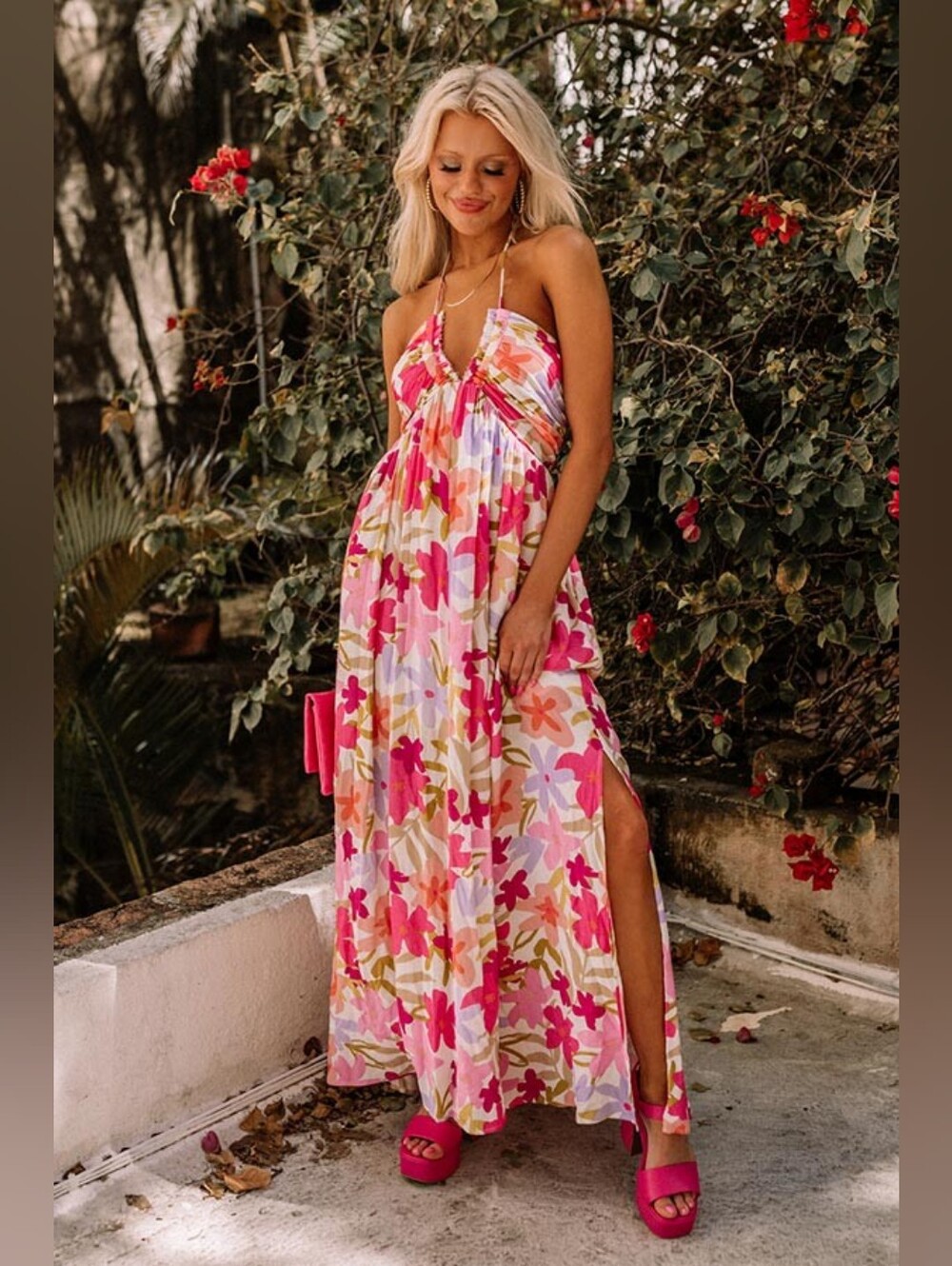 Multi Colored Floral Maxi Dress With Side Split